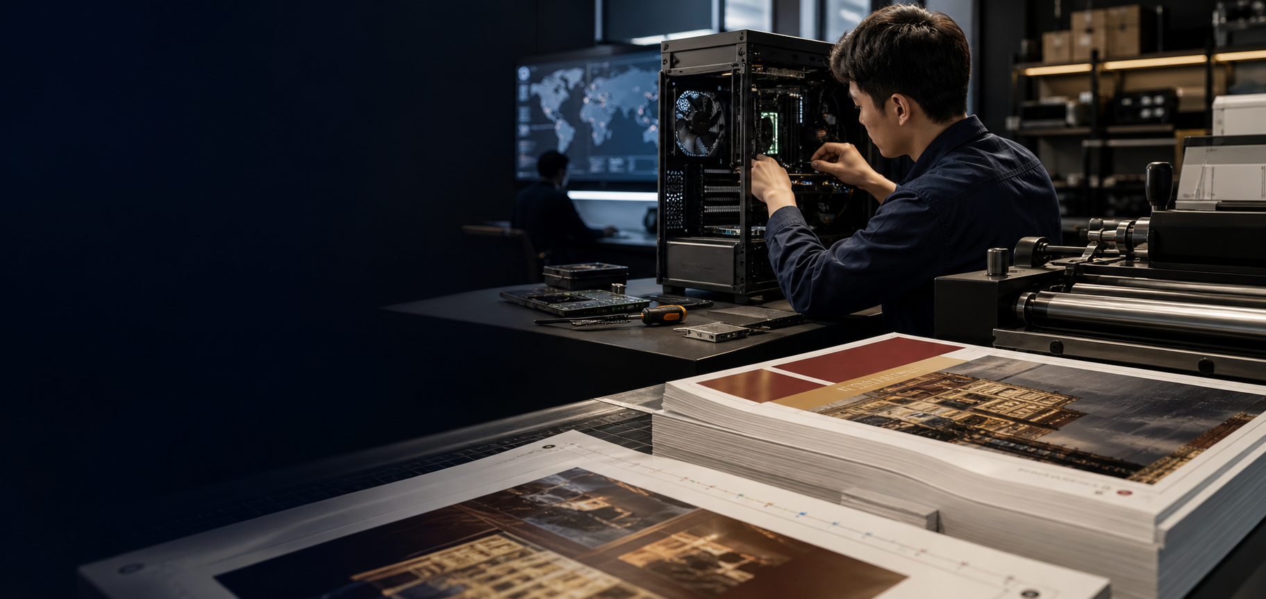 Integrated print production and custom computer assembly in a professional workspace